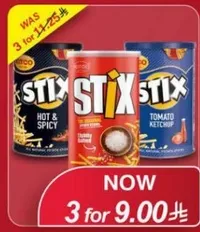 Stix Hot & Spicy and Tomato Ketchup snacks, available in a pack of three.