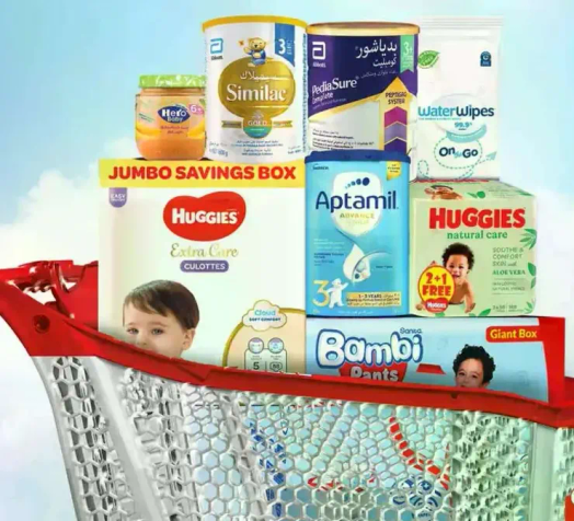 A collection of baby care products including diapers, formula, and wipes.