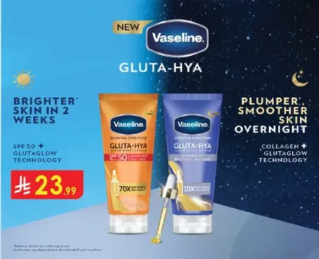 Vaseline Gluta-Hya offers brighter skin in 2 weeks with SPF 50 and Glutaglow technology. It provides plumper, smoother skin overnight with collagen and Glutaglow technology.