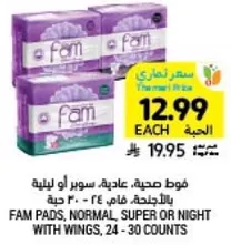 FAM PADS, NORMAL, SUPER OR NIGHT WITH WINGS, 24 - 30 COUNTS