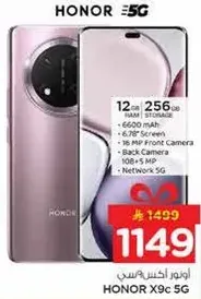 Honor X9c 5G smartphone with 12GB RAM and 256GB storage, 6600 mAh battery, 6.78-inch screen, 18 MP front camera, 108 MP back camera, and 5G network support.