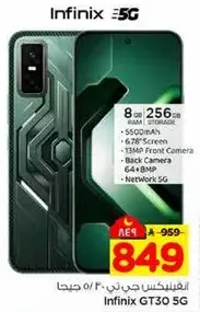 Infinix GT30 5G with 8GB RAM and 256GB storage, featuring a 5500mAh battery, 6.78" screen, 13MP front camera, and 64+8MP back camera.