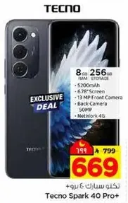 Tecno Spark 40 Pro+ with 8 GB RAM and 256 GB storage, featuring a 6.78-inch screen, 13 MP front camera, and 50 MP back camera. Supports Network 4G.