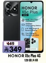 HONOR X5c Plus 4G بسعه 128 جيجابايت وذاكره 4 جيجابايت. يتميز بكاميرا بدقه 50 ميجابكسل وبطاريه تدوم طويلا بسعه 5000 مللي امبير وشاشه ساطعه وديناميكيه بحجم 6.34 بوصه.