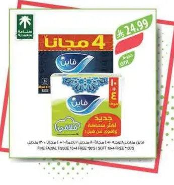 Fine facial tissue, 4 packs with 8 tissues each, soft and gentle.