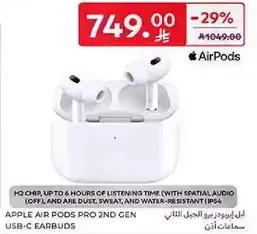 Apple Air Pods Pro 2nd Gen USB-C Earbuds with H2 chip, up to 6 hours of listening time (with spatial audio off), and are dust, sweat, and water-resistant (IP54).