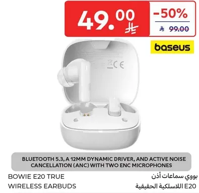 Bowie E20 True Wireless Earbuds with Bluetooth 5.3, a 12mm dynamic driver, and active noise cancellation (ANC) with two ENC microphones.