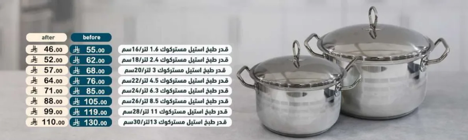 مجموعه اواني طهي من الفولاذ المقاوم للصدا متاحه باحجام مختلفه.