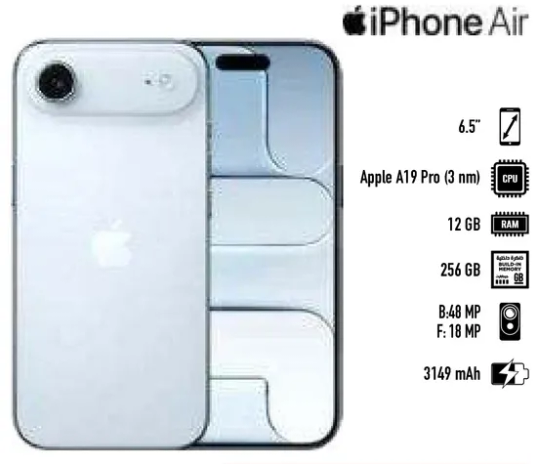 ابل ايفون اير بشاشه 6.5 بوصه، شريحه A19 برو، ذاكره 12 جيجابايت، وسعه تخزين 256 جيجابايت.
