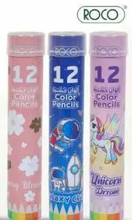 Set of 12 color pencils in various designs.