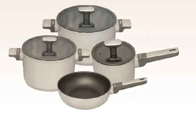 A set of cooking pots and pans with lids, designed for efficient cooking.