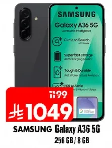 Samsung Galaxy A36 5G with 256 GB storage and 8 GB RAM.