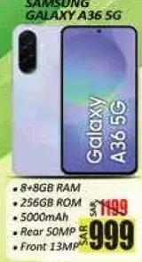 سامسونج جالاكسي A36 5G مع 8 جيجابايت من الذاكره العشواييه و256 جيجابايت من الذاكره الداخليه، مزود ببطاريه سعه 5000 مللي امبير، وكاميرا خلفيه بدقه 50 ميجابكسل، وكاميرا اماميه بدقه 13 ميجابكسل.