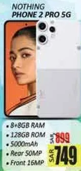 هاتف ناثينغ 2 برو 5G مع 8 جيجابايت من الذاكره العشواييه و128 جيجابايت من الذاكره الداخليه، مزود ببطاريه سعه 5000 مللي امبير، وكاميرا خلفيه 50 ميجابكسل، وكاميرا اماميه 16 ميجابكسل.
