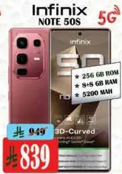 Infinix NOTE 50S with 256 GB ROM, 8 GB RAM, and 5200 mAh battery.