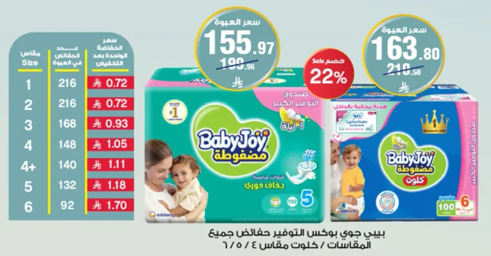 حفاضات بيبي جوي، مناسبه لجميع المقاسات.