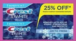 معجون اسنان كريست 3D وايت ديلوكس اركتك فريش يقدم 3 فوايد في 1: يزيل حتي 80% من البقع، يقوي، ويحمي.