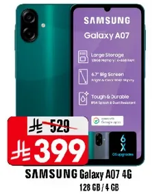 هاتف سامسونج جالاكسي A07 4G بسعه تخزين كبيره تبلغ 128 جيجابايت وذاكره وصول عشوايي 4 جيجابايت. يتميز بشاشه كبيره مقاس 6.7 بوصه وهو قوي ومتين مع مقاومه للماء والغبار IP54.