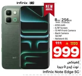 انفينكس نوت ايدج 5 جي مع 8 جيجابايت من الذاكره العشواييه و 256 جيجابايت من التخزين، بطاريه 6150 مللي امبير، شاشه 6.78 بوصه، كاميرا اماميه 13 ميجابكسل، وكاميرا خلفيه 50 ميجابكسل.