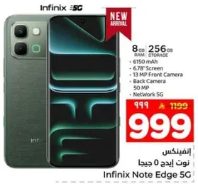 انفينكس نوت ايدج 5 جي مع 8 جيجابايت من الذاكره العشواييه و256 جيجابايت من التخزين، يتميز بشاشه 6.78 بوصه، وكاميرا اماميه 13 ميجابكسل، وكاميرا خلفيه 50 ميجابكسل.