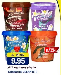 Fadeco Ice Cream 1Ltr in various flavors: Chocolate, Vanilla, and Mango.