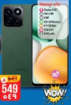 هاتف Honor x7c بشاشه 6.56 بوصه، كاميرا 108+2 ميجابكسل، كاميرا اماميه 8 ميجابكسل، ذاكره 256 جيجابايت، ذاكره عشواييه 4 جيجابايت، معالج ثماني النواه، وبطاريه 5000 مللي امبير.