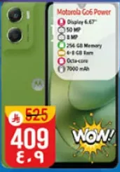 موتورولا Go6 باور بشاشه 6.67 بوصه وكاميرا 50 ميجابكسل وكاميرا اماميه 8 ميجابكسل وذاكره 256 جيجابايت وذاكره وصول عشوايي 8 جيجابايت ومعالج ثماني النواه وبطاريه 7000 مللي امبير.