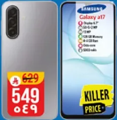 سامسونج جالاكسي A17 بشاشه 6.7 بوصه، كاميرا 50+1+2 ميجابكسل، كاميرا اماميه 13 ميجابكسل، ذاكره 128 جيجابايت، وذاكره وصول عشوايي 6-4 جيجابايت.