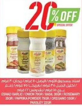 مجموعه من التوابل تشمل الثوم والبصل والريحان واكليل الجبل ومسحوق البابريكا والاوريجانو والبقدونس.