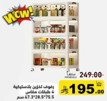 Plastic storage rack with 4 shelves.