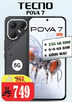 TECNO POVA 7 with 256 GB ROM, 8+8 GB RAM, and 6000 mAh battery.
