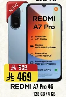 REDMI A7 Pro 4G بسعه 128 جيجابايت وذاكره 4 جيجابايت. يتميز بشاشه 6.9 بوصه وبطاريه قويه بسعه 6000 مللي امبير.