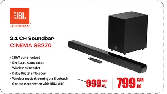 2.1 CH Soundbar CINEMA SB270 with 220W power output, dedicated sound mode, wireless subwoofer, Dolby Digital embedded, wireless music streaming via Bluetooth, and one cable connection with HDMI ARC.