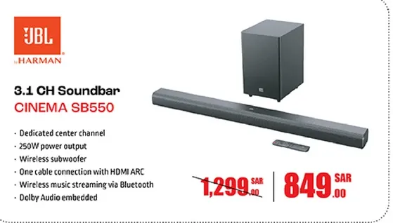 3.1 CH Soundbar with dedicated center channel, 250W power output, wireless subwoofer, one cable connection with HDMI ARC, and wireless music streaming via Bluetooth.
