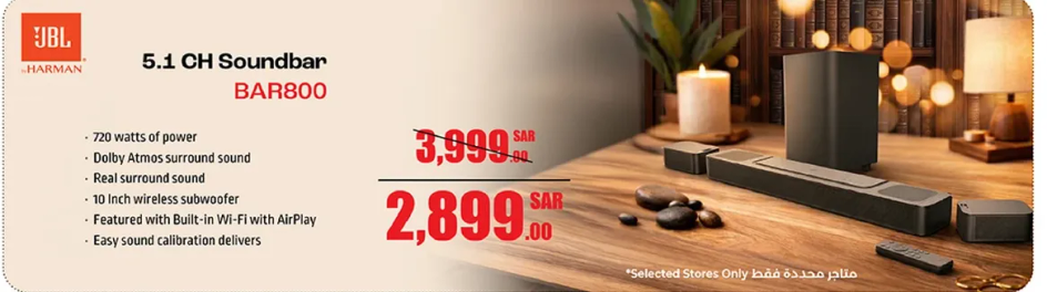 5.1 CH Soundbar with 720 watts of power, Dolby Atmos surround, real surround sound, 10 inch wireless subwoofer, featured with Built-in Wi-Fi with AirPlay, easy sound calibration delivers.