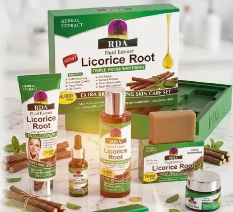 مجموعه العنايه بالبشره من جذور عرق السوس بتاثير تبييض ثلاثي.