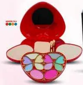 A colorful makeup palette with various shades for eyes and cheeks.