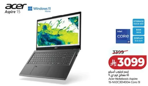 Acer Notebook Aspire 15 with Intel Core i9, 16GB RAM, 512GB SSD, and 15-inch display.