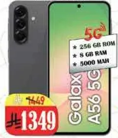 Samsung Galaxy A56 5G with 256 GB ROM and 8 GB RAM, featuring a 5000 mAh battery.