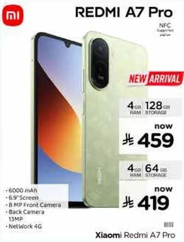Redmi A7 Pro with 4GB RAM and 128GB storage, featuring a 6.9" screen, 6000 mAh battery, 8 MP front camera, and 13 MP back camera. Supports 4G network.