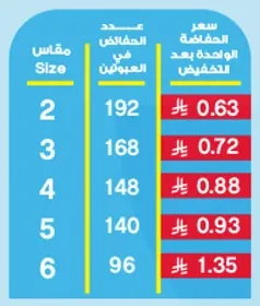 Diapers available in various sizes.