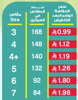Diapers available in various sizes.