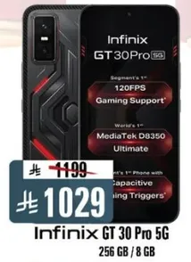 Infinix GT 30 Pro 5G with 256 GB storage and 8 GB RAM, featuring 120FPS gaming support and MediaTek D8350.