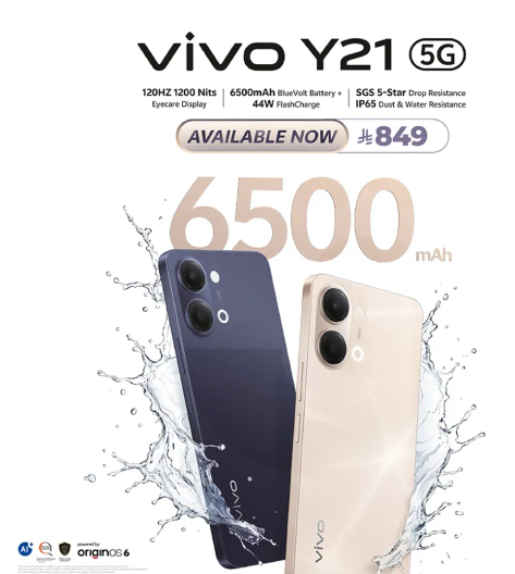 Vivo Y21 5G with 120Hz 1200 Nits Eyecare Display, 6500mAh BlueVolt Battery, 44W FlashCharge, 5G 5-Star Drop Resistance, IP65 Dust & Water Resistance.