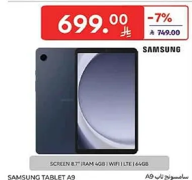 Samsung Tablet A9 with 8.7" screen, 4GB RAM, WiFi, LTE, and 64GB storage.