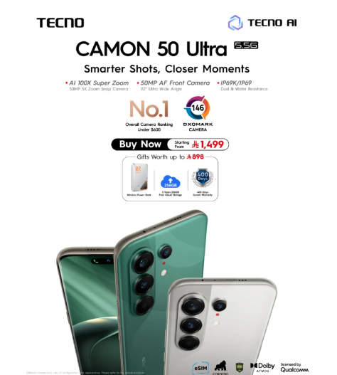 TECNO CAMON 50 Ultra 5G - Smarter Shots, Closer Moments. AI 100X Super Zoom, 50MP AF Front Camera, IP69K/IP69 Water and Dust Resistant.