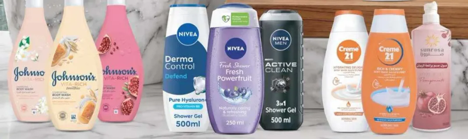 A variety of shower gels and body washes from different brands.