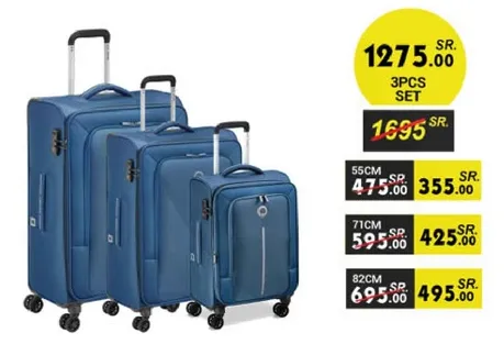 3-piece luggage set in blue color, includes three sizes: 55cm, 71cm, and 82cm.