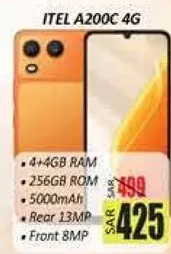 ITEL A200C 4G مع 4 + 4 جيجابايت من الذاكره العشواييه، 256 جيجابايت من الذاكره الداخليه، بطاريه 5000 مللي امبير، كاميرا خلفيه 13 ميجابكسل، وكاميرا اماميه 8 ميجابكسل.