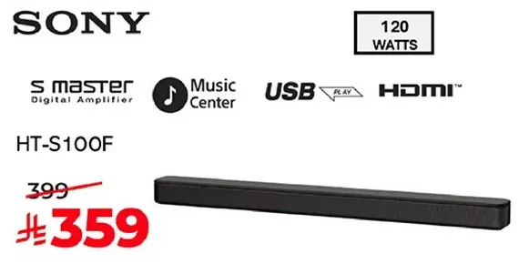 سوني HT-S100F بار صوتي بقوه 120 واط، مضخم صوت رقمي S Master، مركز موسيقي، USB، و HDMI.